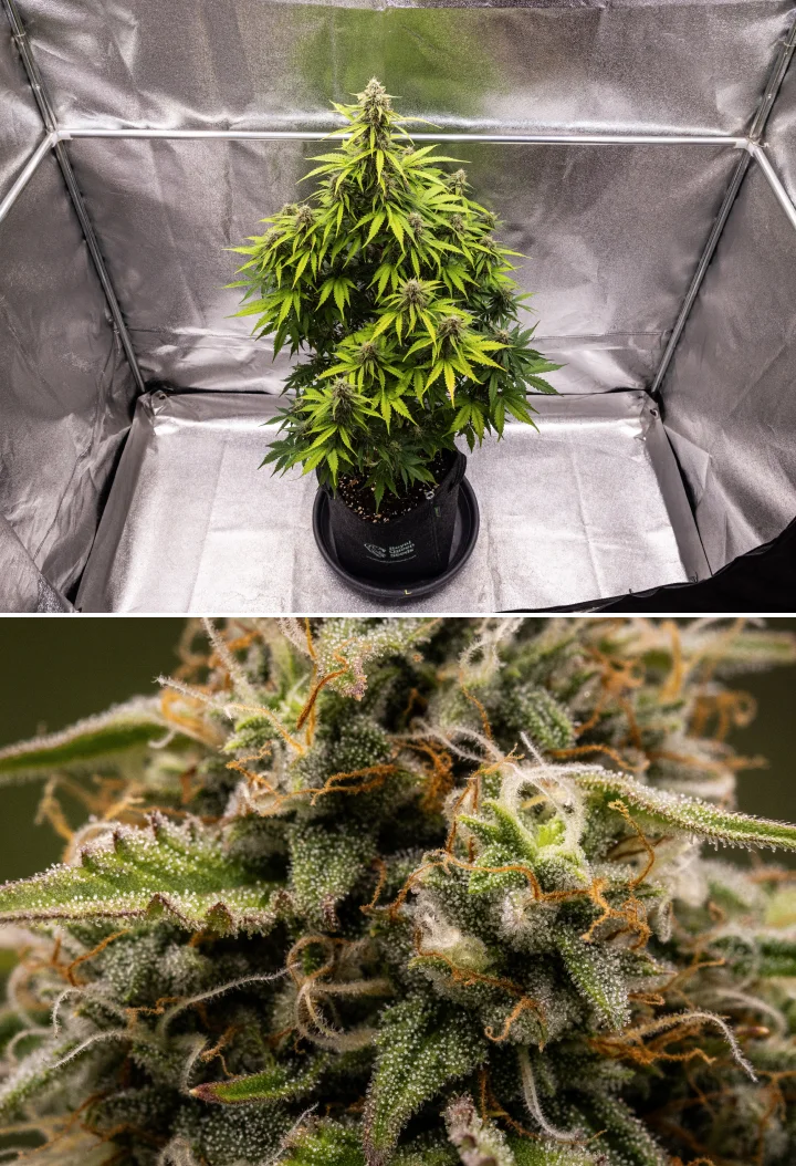 Atlas F1 grow report: vecka 8, skördeklara buds Atlas F1 cannabisplanta växer i en tygkruka under vecka 8 av grow reporten, med frostiga mogna buds, tät trikomtäckning, orange pistiller och skördeklar blomningstillväxt.