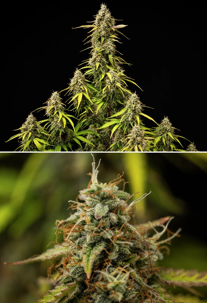 Atlas F1 grow report: vecka 9, slutlig mognad Atlas F1 cannabisplanta under vecka 9 av grow reporten, med helt mogna buds, tät trikomtäckning, orange pistiller, bleknande blad och mogen blomningstillväxt.