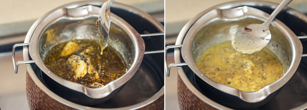 Μείγμα cannabutter που σιγοβράζει απαλά σε μπεν μαρί, με ένα κουτάλι να ανακατεύει το εμποτισμένο βούτυρο για να διατηρείται ομοιόμορφη θερμότητα και να αποφεύγεται η υπερθέρμανση