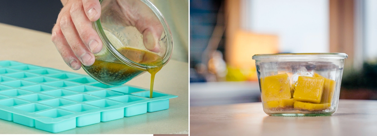 Cannabutter hälls i silikonformar för portionering, med färdiga smörkuber förvarade i en glasbehållare efter att smöret separerats från vattnet