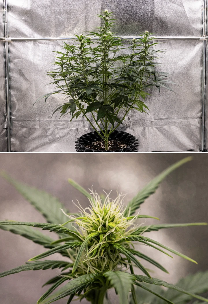 Cosmos F1 cannabisplanta under vecka 2 av blomningen, med tidig knoppbildning, friskt grönt bladverk, vertikal grenstruktur och utvecklande vita pistiller mellan groddag 33 och 40.
