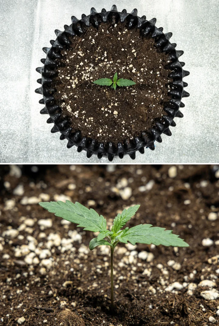 Cosmos F1 cannabisplanta under groning, som växer upp jämnt ur jorden mellan groddag 1 och 5.