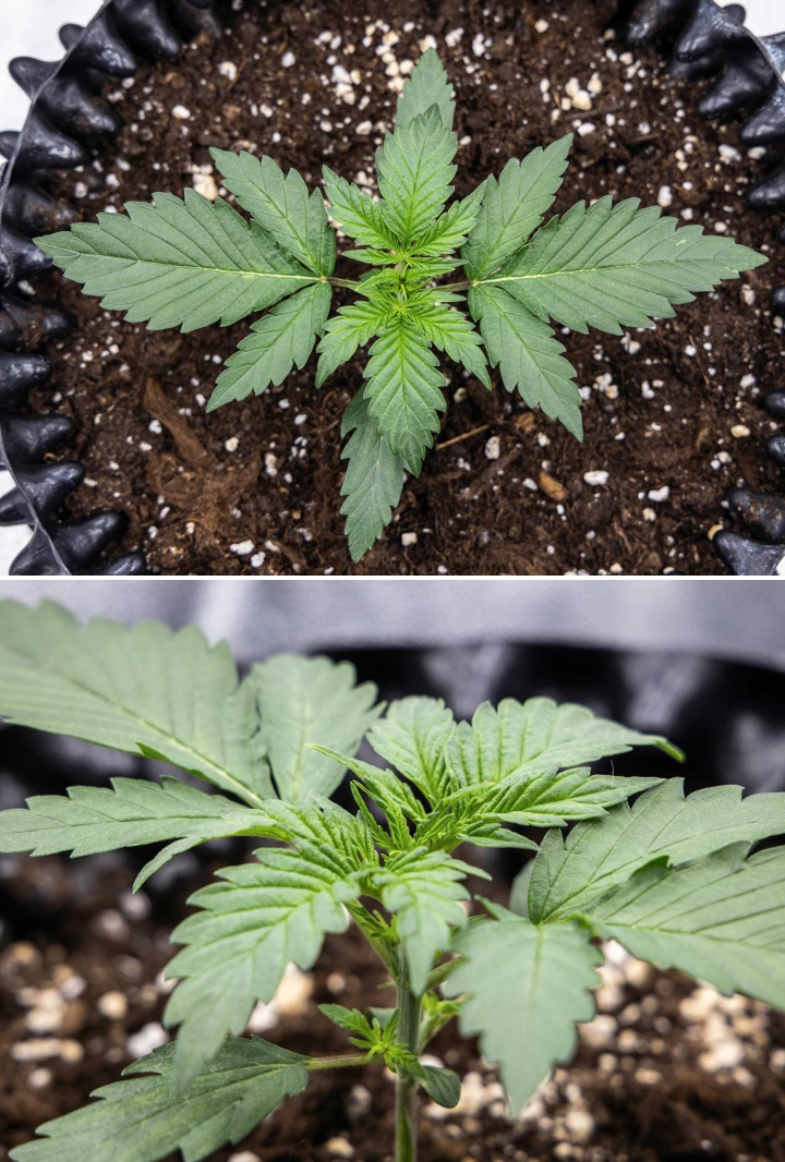 Cosmos F1 cannabisplanta under vecka 1 av vegetationen, med kompakt upprätt tillväxt, jämnt bladavstånd och friskt tidigt bladverk mellan groddag 5 och 12.