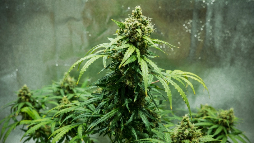 Royal Dwarf-cannabisplanta med kompakta skördeklara blommor, hartsrika blommor, orange pistiller och grönt bladverk i ett reflekterande odlingstält.