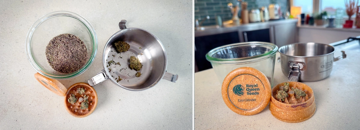 Mald cannabis och buds i en grinder, glasburk och kastrull före dekarboxylering.