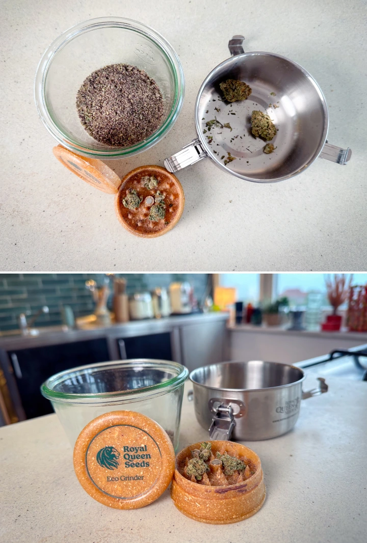 Mald cannabis och buds i en grinder, glasburk och kastrull före dekarboxylering.