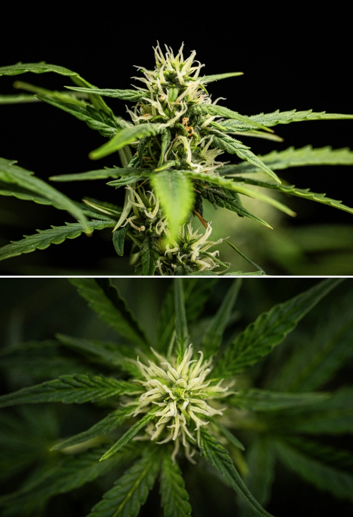 NYC Sour Diesel Auto cannabisplanta i vecka 6 av blomningen, cirka 122 cm hög, med långsammare vertikal tillväxt, fastare blommor, tidig hartsutveckling och tät blomformation under LED-ljus