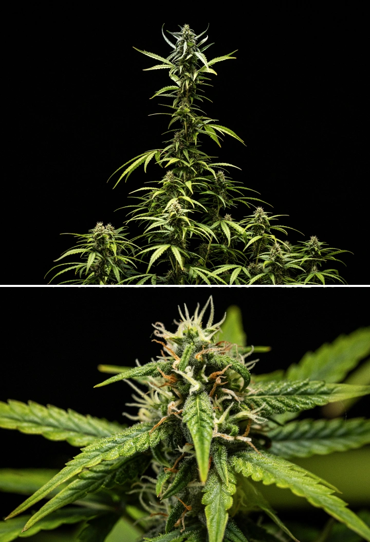 NYC Sour Diesel Auto cannabisplanta i vecka 7 av blomningen med täta klibbiga blommor, ökad hartsproduktion, en huvudcola nära ljuset, lätt blekning av bladen och stöttade böjda grenar