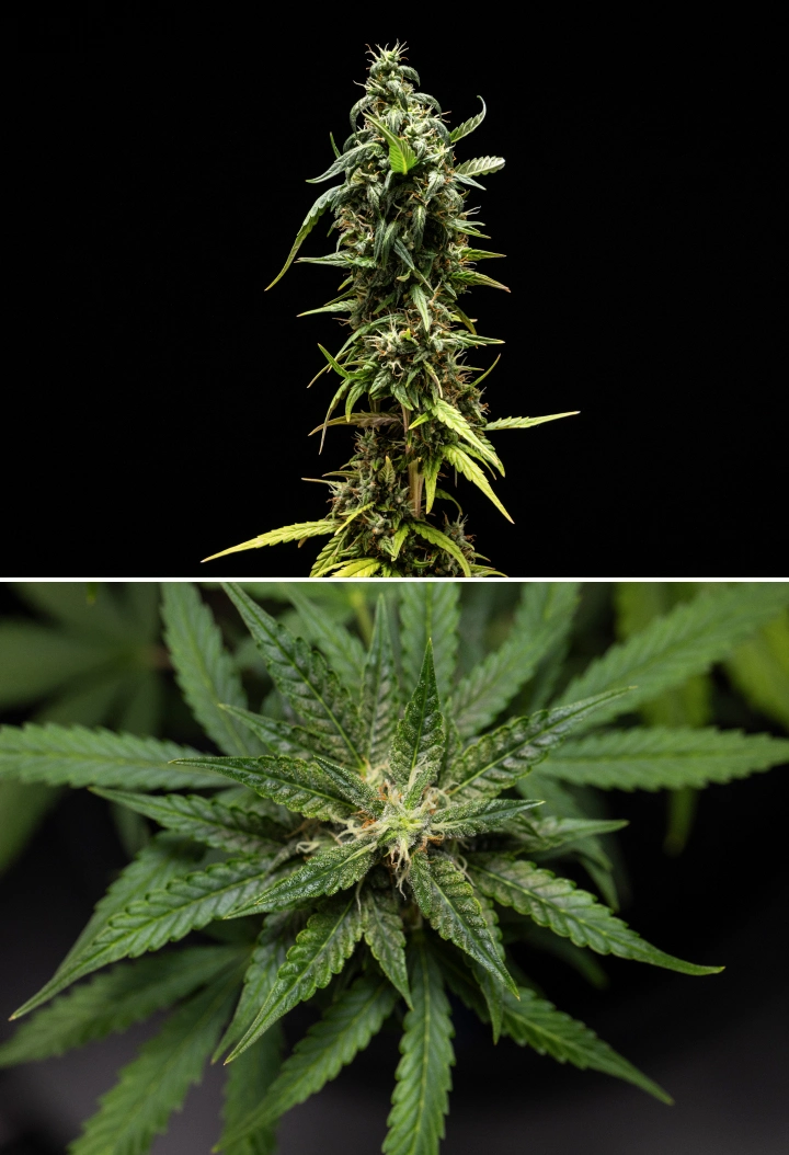 NYC Sour Diesel Auto cannabisplanta i vecka 8 av blomningen med mjölkiga trikomer, kompakta aromatiska blommor, kraftig hartsproduktion och en något mindre mogen toppcola nära skörd