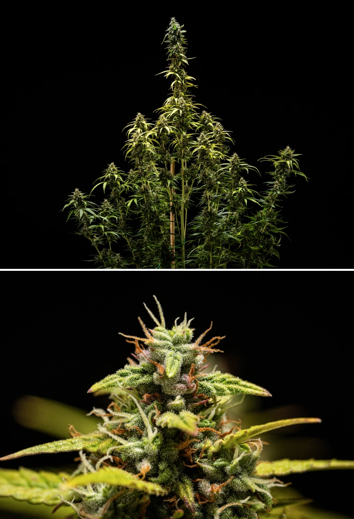 NYC Sour Diesel Auto cannabisplanta i vecka 9 av blomningen vid skörd, med mestadels mjölkiga trikomer, täta blommor, hög struktur och lätt ljusstress på toppcolan