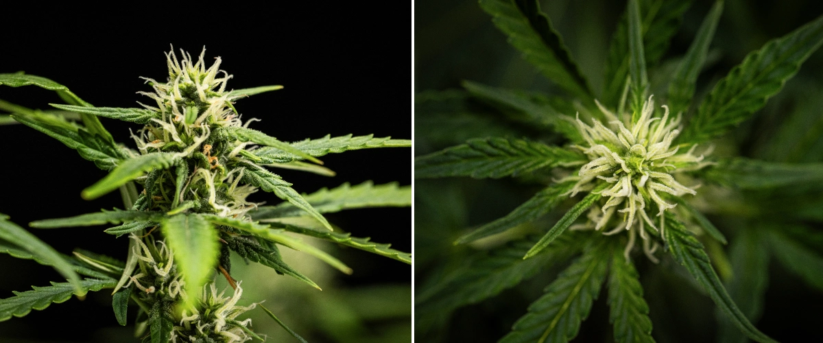 NYC Sour Diesel Auto cannabisplanta i vecka 6 av blomningen, cirka 122 cm hög, med långsammare vertikal tillväxt, fastare blommor, tidig hartsutveckling och tät blomformation under LED-ljus