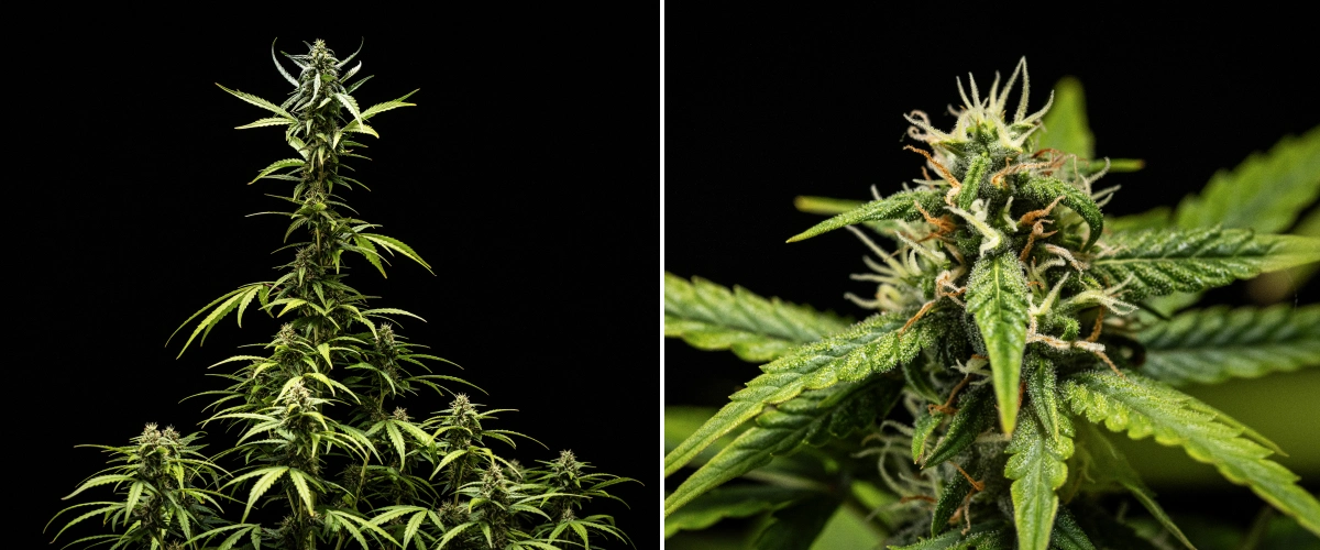 NYC Sour Diesel Auto cannabisplanta i vecka 7 av blomningen med täta klibbiga blommor, ökad hartsproduktion, en huvudcola nära ljuset, lätt blekning av bladen och stöttade böjda grenar