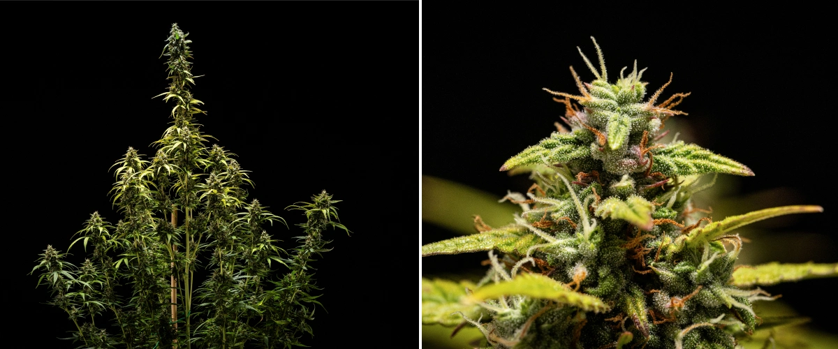 NYC Sour Diesel Auto cannabisplanta i vecka 9 av blomningen vid skörd, med mestadels mjölkiga trikomer, täta blommor, hög struktur och lätt ljusstress på toppcolan