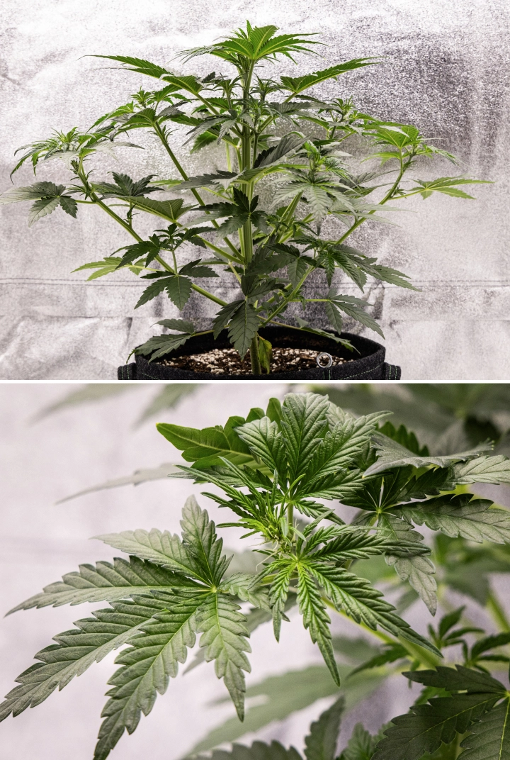 Royal Creamatic grow report: vecka 4, tidig blomning Royal Creamatic-cannabisplanta i vecka 4, med tidig blomning, friskt grönt bladverk, färska pistiller och stark grenutveckling.