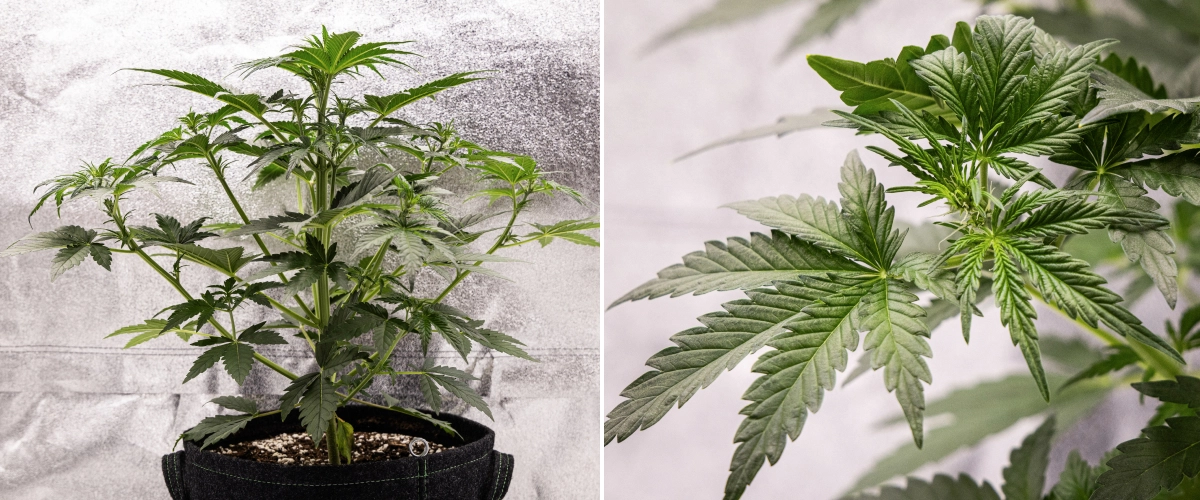Royal Creamatic grow report: vecka 4, tidig blomning Royal Creamatic-cannabisplanta i vecka 4, med tidig blomning, friskt grönt bladverk, färska pistiller och stark grenutveckling.