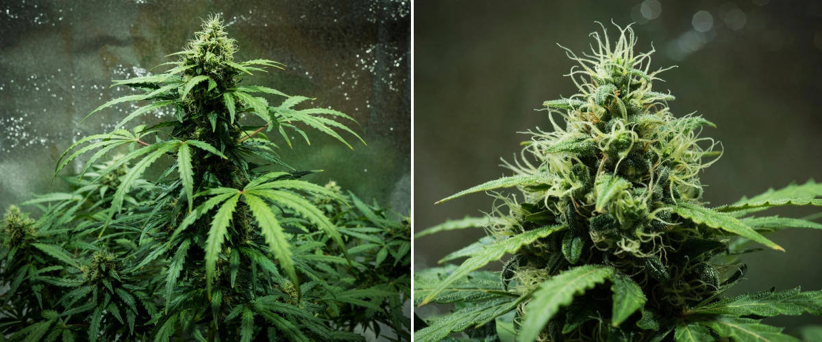 Royal Dwarf-cannabisplanta i vecka 7, med täta klibbiga blommor, vita pistiller, hartsrika blommor och friskt grönt bladverk.