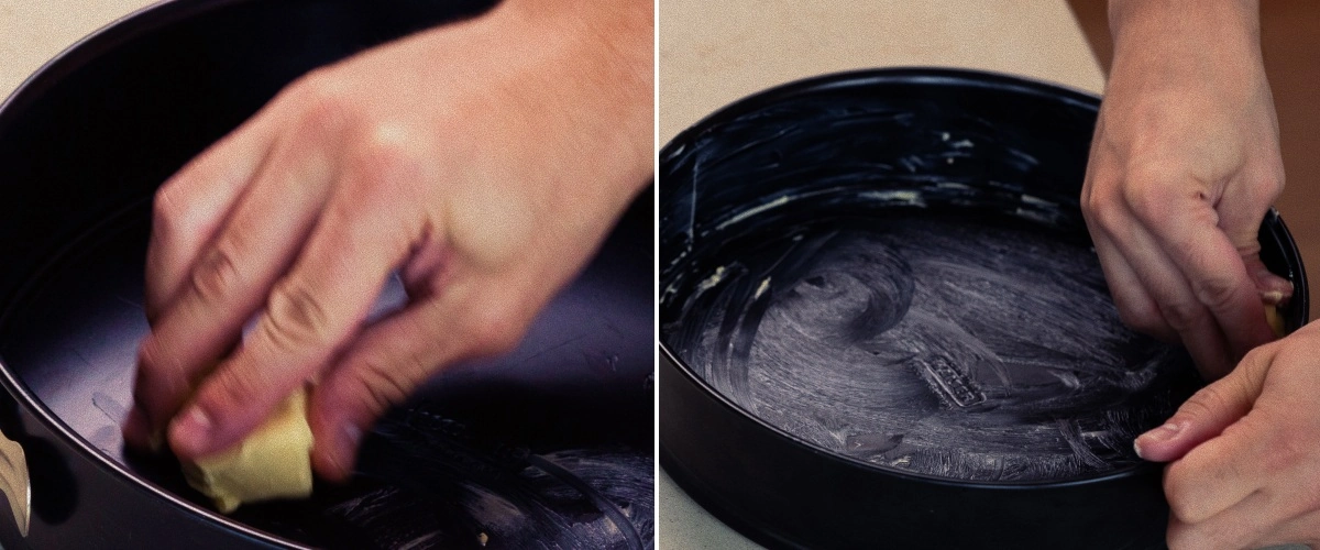 Smörja en springform med smör, första steget för att baka en hemlagad cannabis space cake