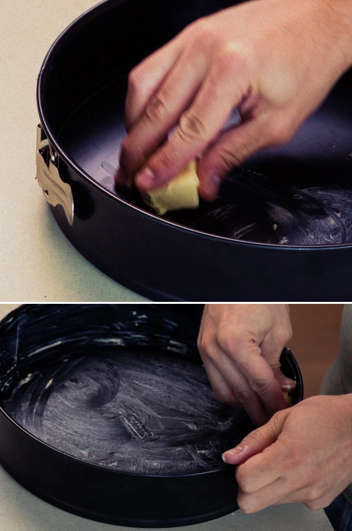 Smörja en springform med smör, första steget för att baka en hemlagad cannabis space cake