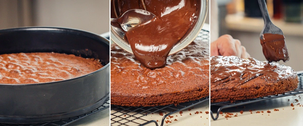 Hälla smält mörk choklad över en avsvalnad space cake och breda ut den jämnt, fjärde steget för att avsluta en cannabis space cake