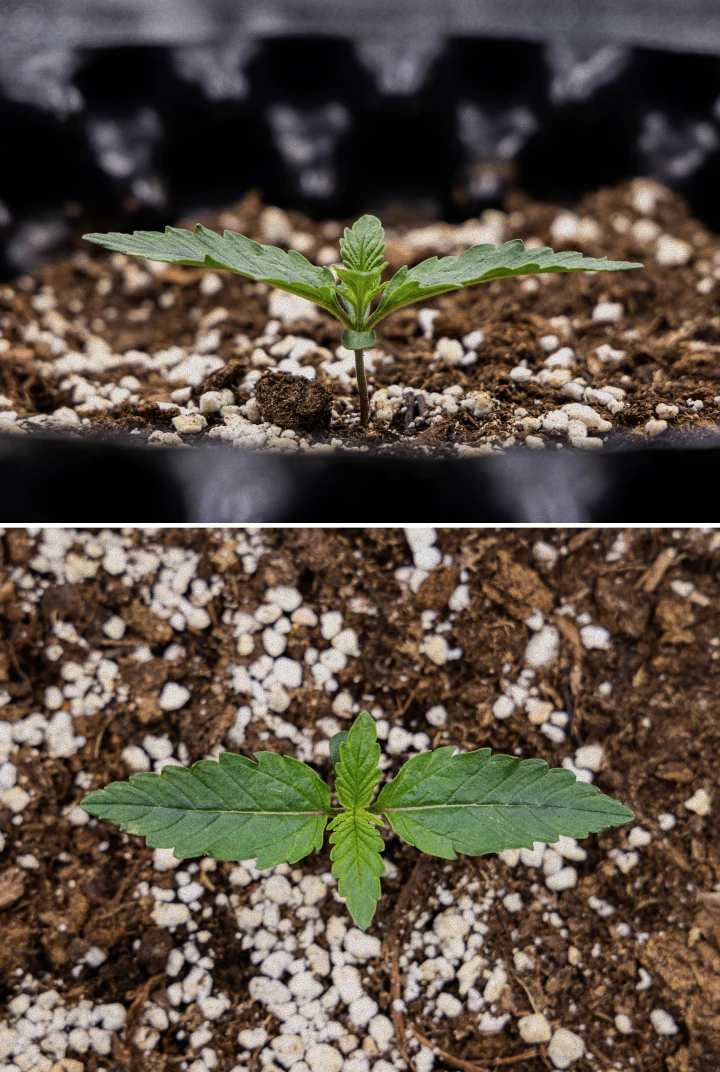 GOAT'lato Auto Odlingsrapport – Vecka 1 Plantstadiet GOAT'lato Auto cannabisplanta vecka 1 i BioBizz Light Mix under LED-ljus, med första riktiga bladen och stark tidig tillväxt