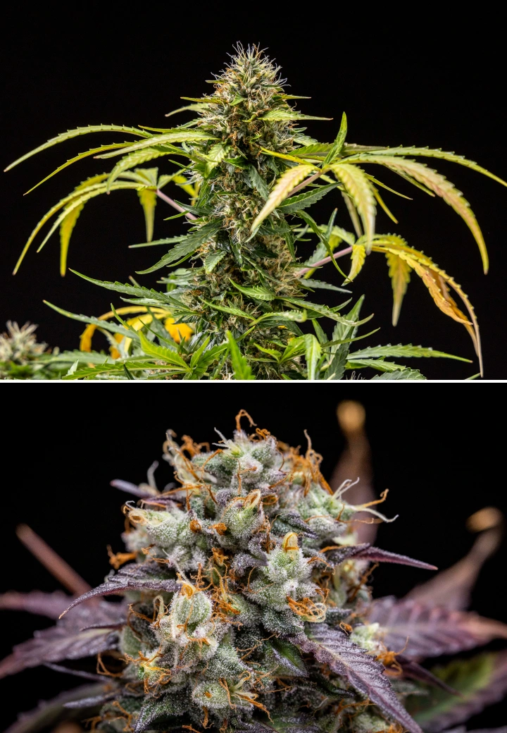 North Thunderfuck cannabisplanta under blomningsvecka 9–10, med fullt utvecklade knoppar, mörknade pistiller, riklig hartsbeläggning och tecken på att plantan är redo för skörd under LED-belysning